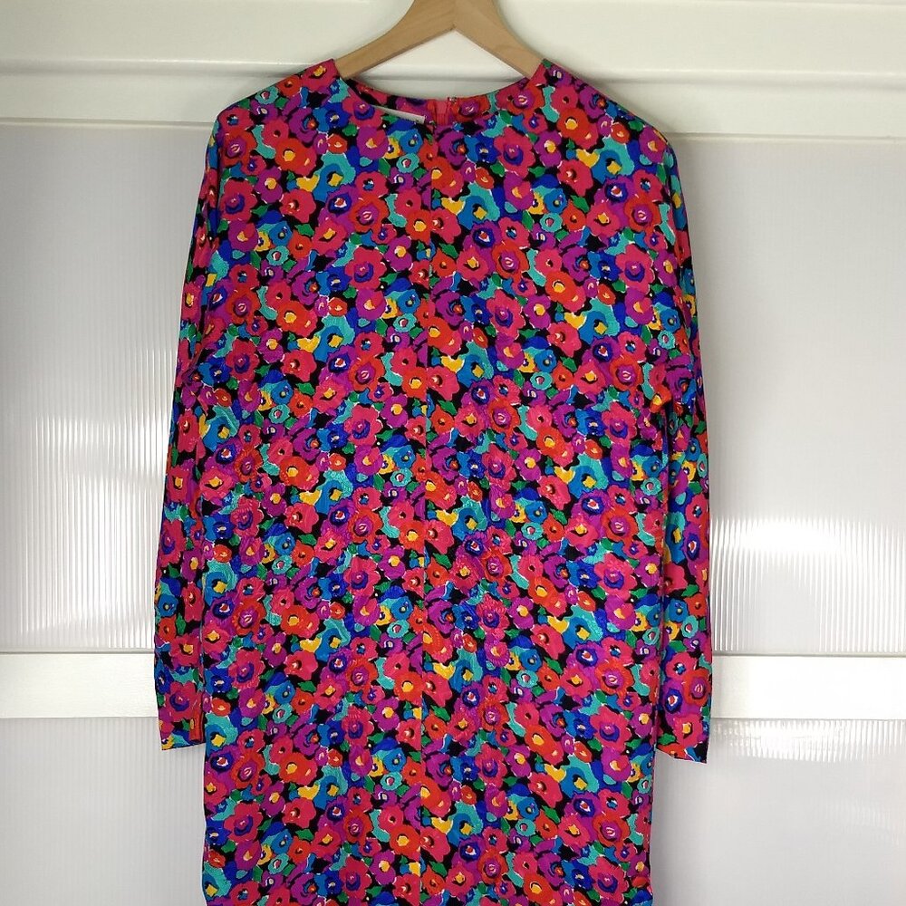 Vintage Carolyne Barton Floral 100% Silk Dress Pink Multicolor Flower Pattern